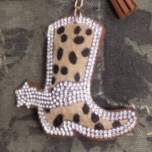 Cowboy Faux Fur Bag Charm Animal Print Rhinestone Trim Key Chain NWOT  BOOT (1)